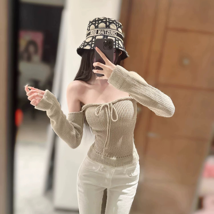 纯欲辣妹性感漏肩抹胸蝴蝶结系带修身打底针织衫上衣长袖显瘦气质