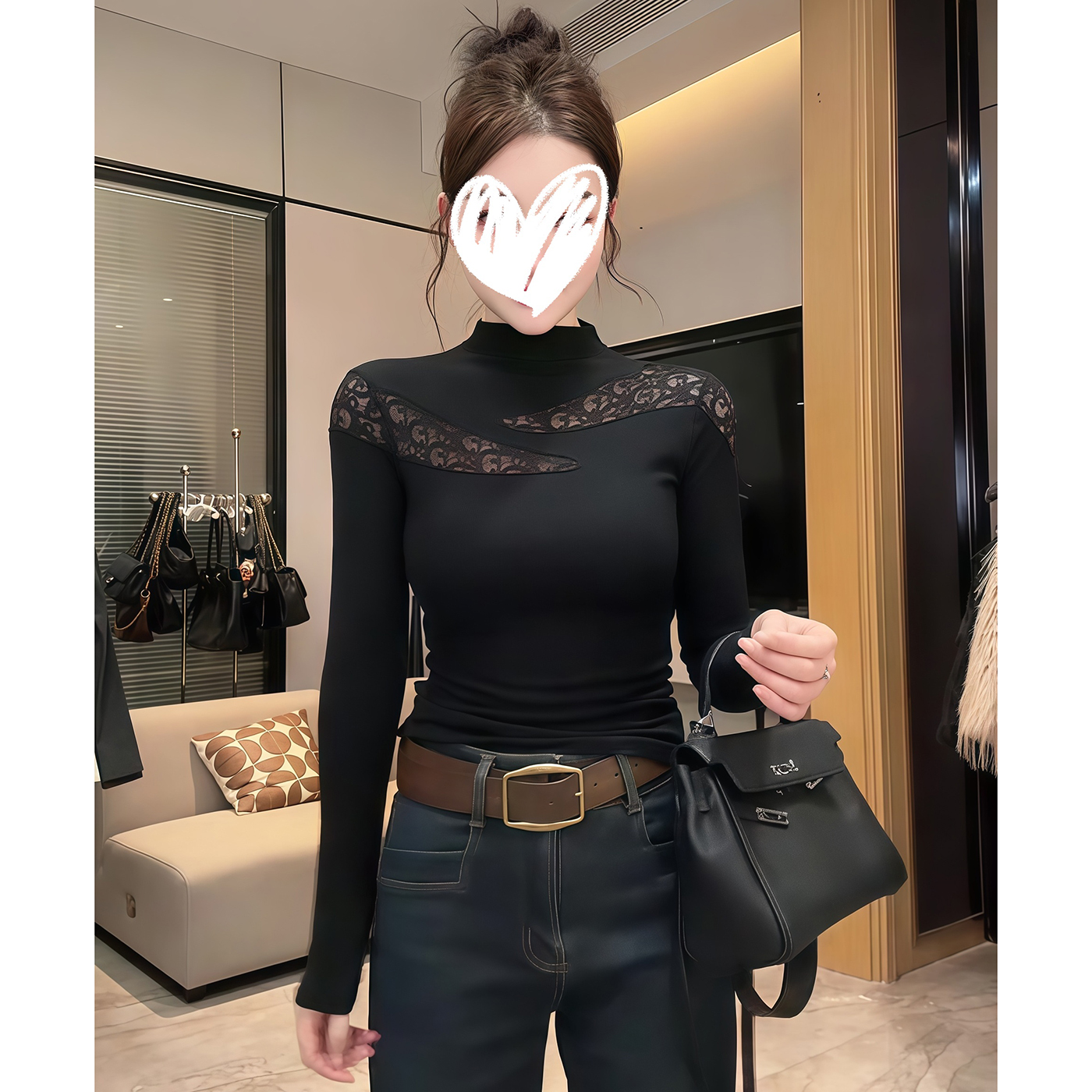 半高领蕾丝镂空拼接洋气加绒打底衫T恤秋冬内搭修身显瘦纯欲上衣