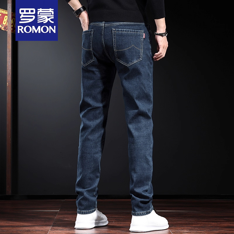 罗蒙高端休闲牛仔裤男士潮牌直筒长裤新款秋冬季加绒修身小脚裤