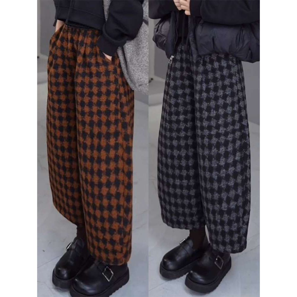 新款毛呢灯笼裤女冬季梨形身材小个子宽松阔腿高腰加绒加厚山本裤