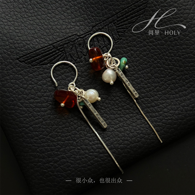 【晚秋】原创设计天然石长款流苏耳环个性复古925纯银气质高级感