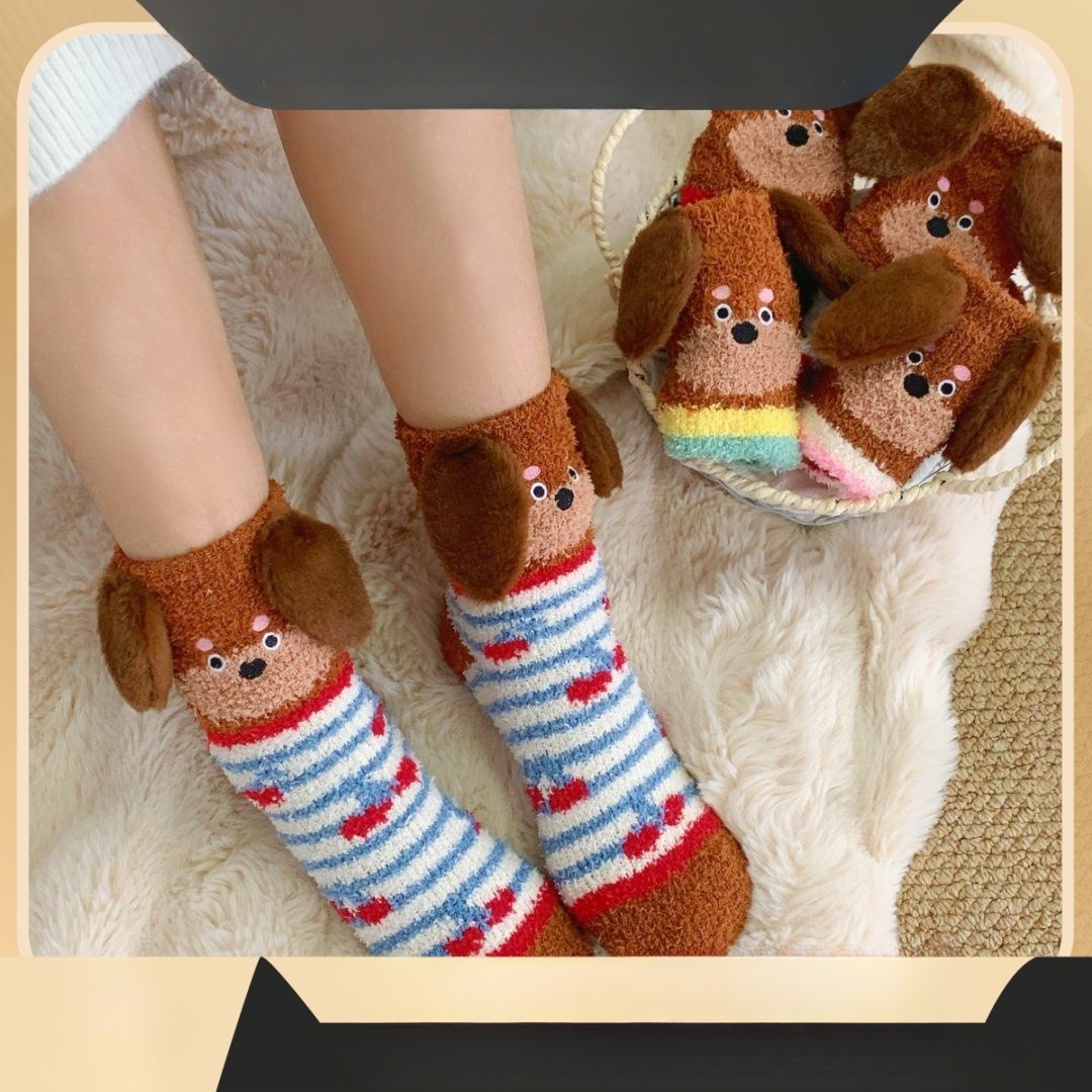 毛茸茸珊瑚加厚睡眠袜子中筒居家地板保暖秋冬情侣可爱腊肠狗玩偶