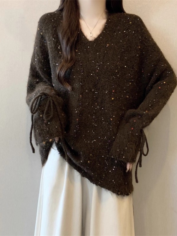 美拉德亮闪闪针织衫V领正肩毛衣女2025秋新款大码胖mm喇叭袖上衣