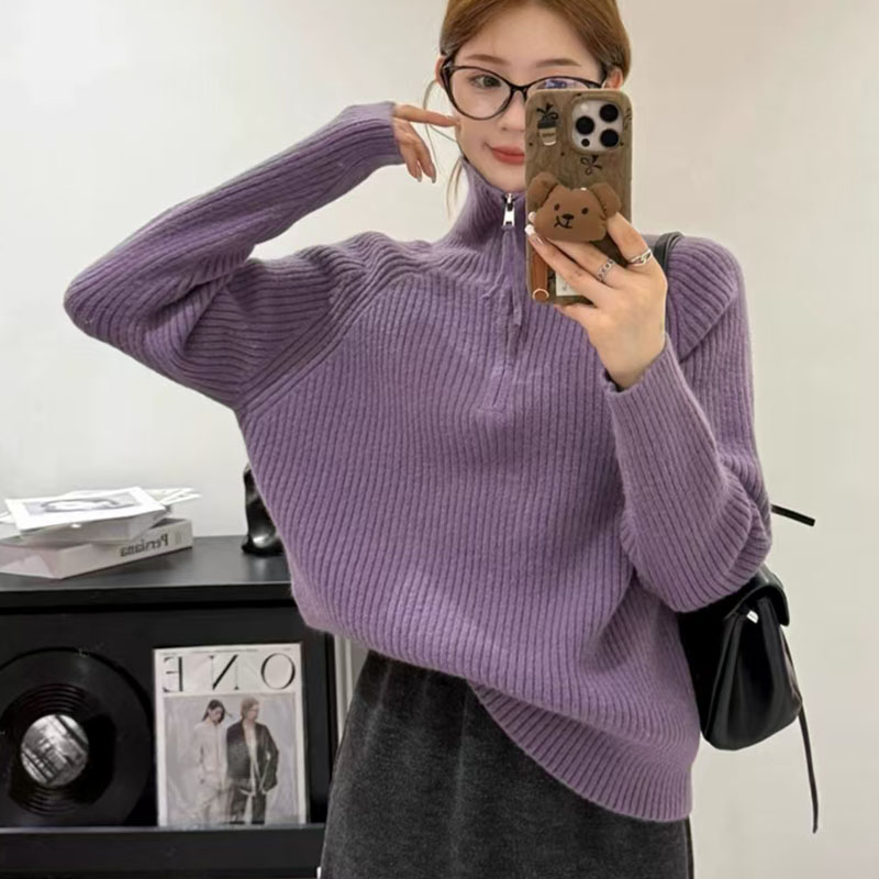 韩系ins休闲通勤高领半拉链坑条毛衣女2025冬季新款宽松简约针织