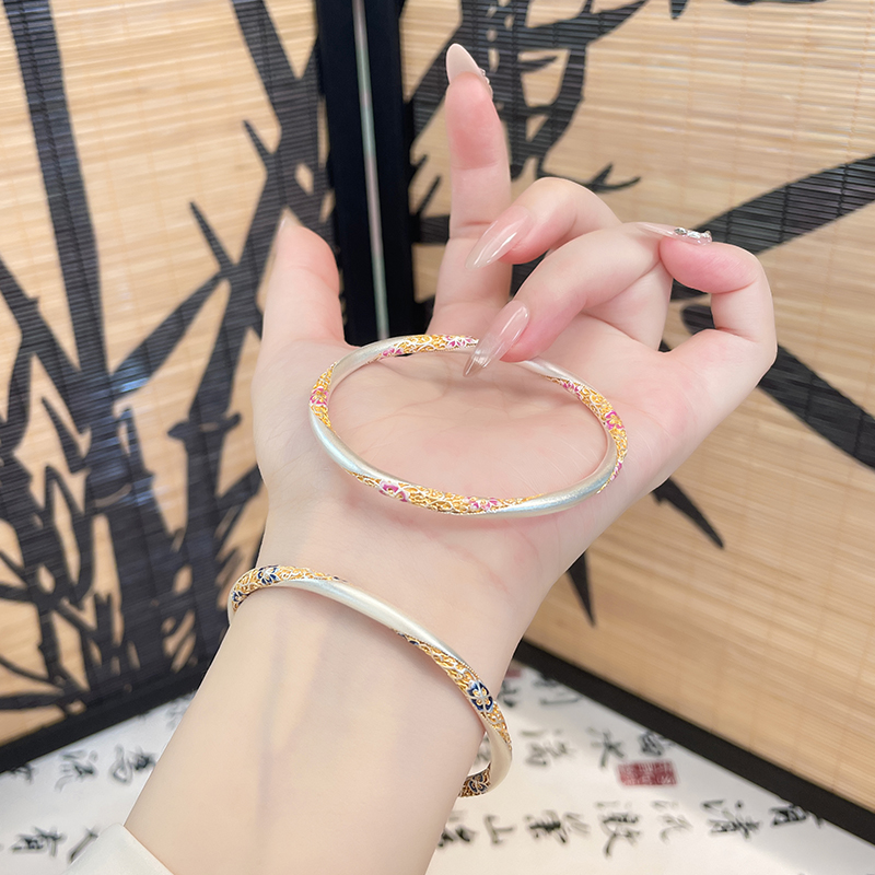 足银珐琅手镯 「望舒荷」足银999.9花丝手镯女描金彩银镯子