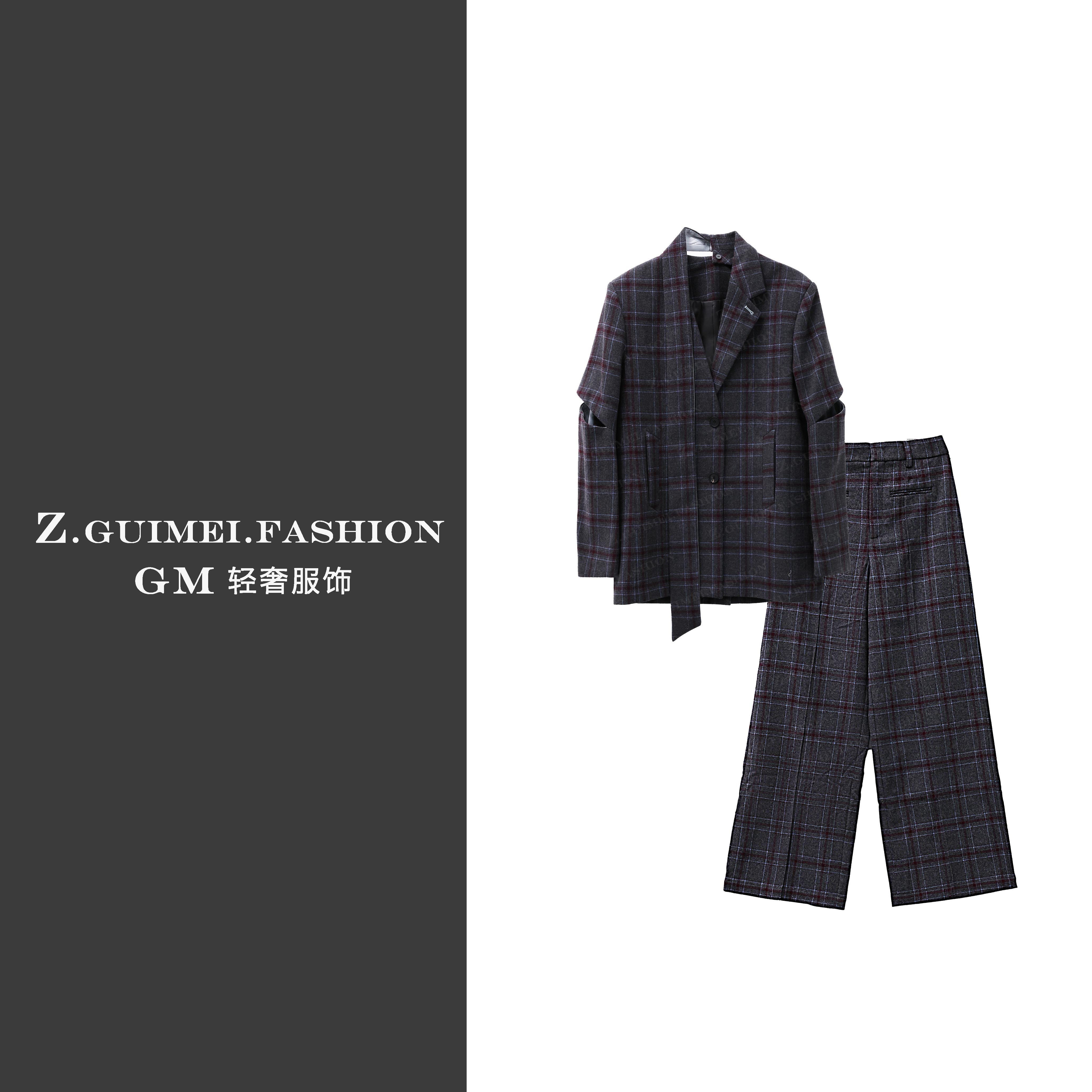 【肆姐高定】设计师款时尚破袖格纹西服套装XY3368
