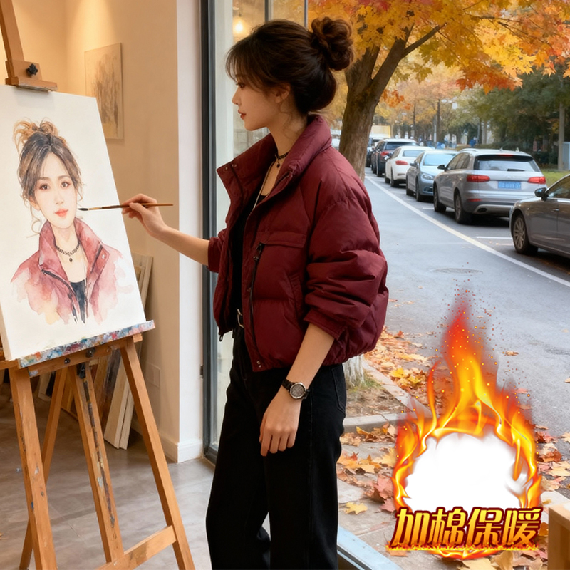 韩版短款立领羽绒棉服女2025年冬季新款小个子显瘦加厚面包服外套