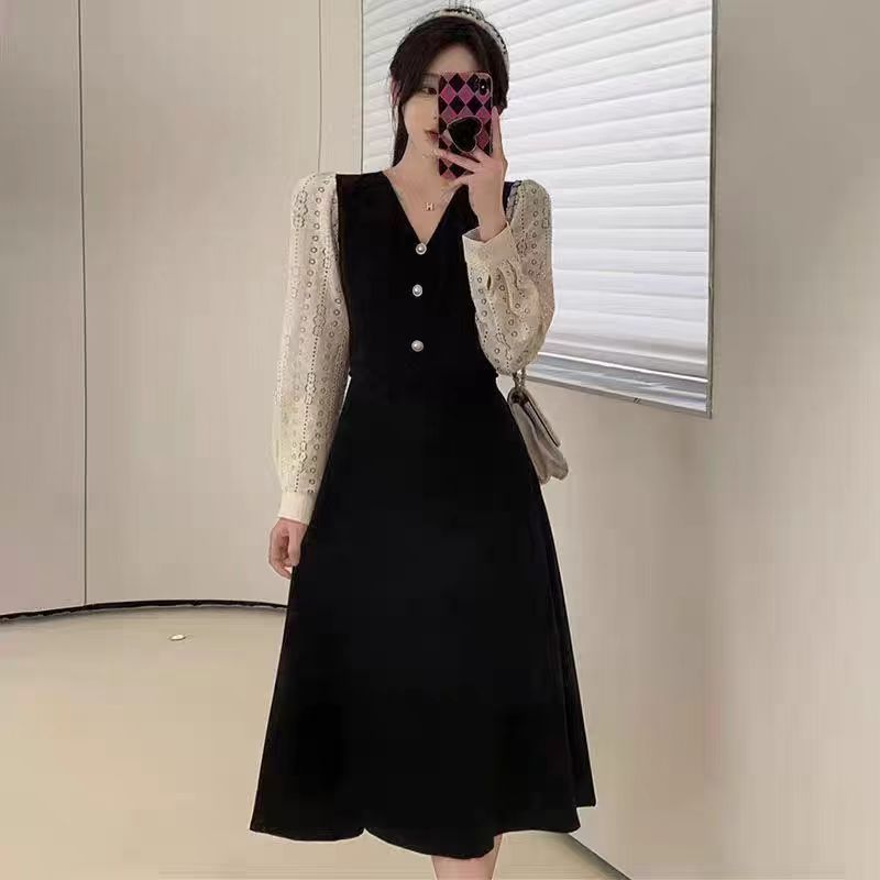中长裙长袖大码连衣裙春秋新款浪漫时尚裙复古法式收腰假两件拼接