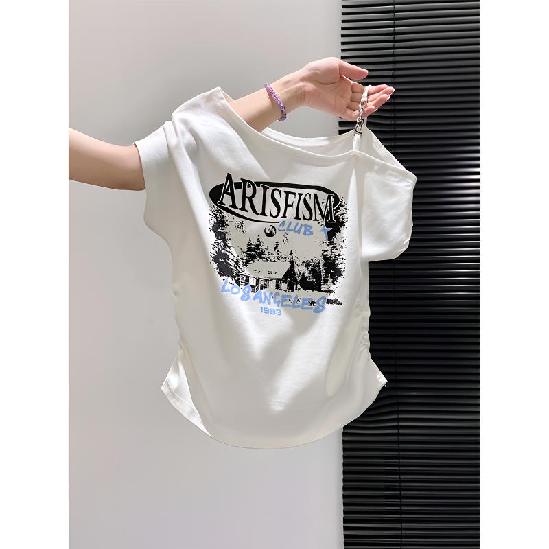 穿出高级感！美式辣妹字母印花露肩短袖女夏新款收腰显瘦百搭上衣