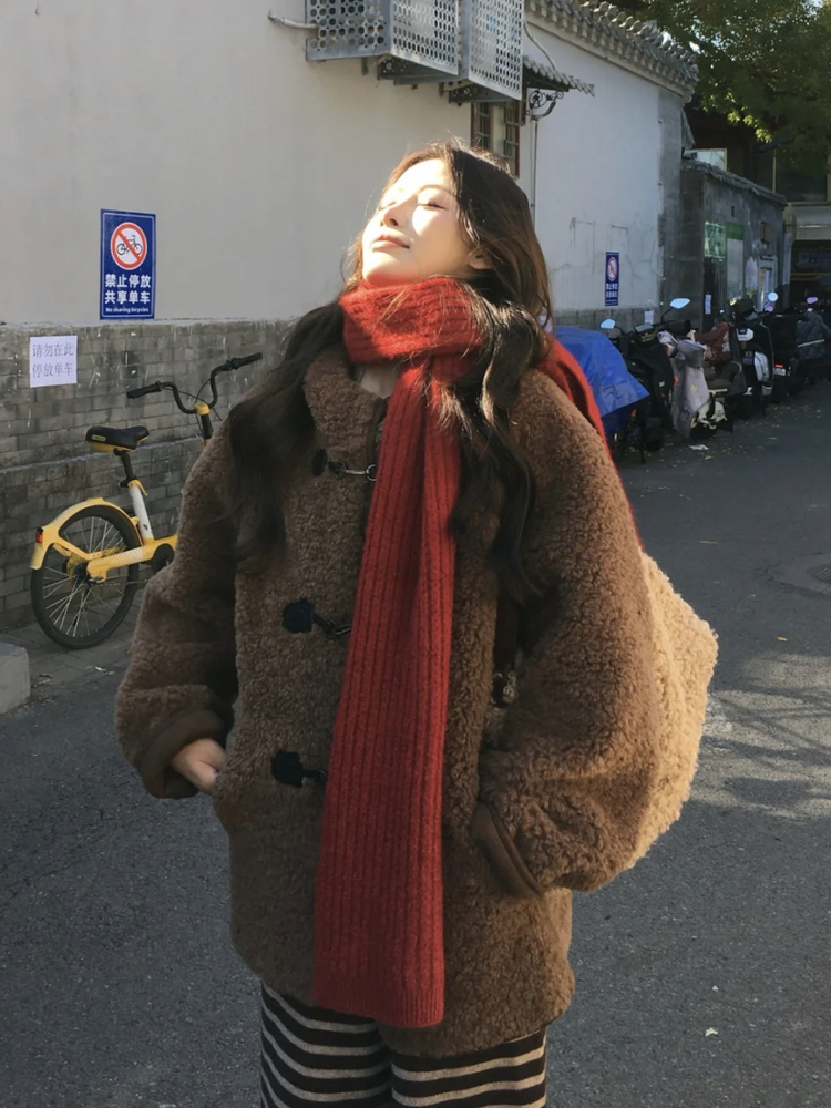 人造皮草 毛毛外套女保暖宽松型慵懒风牛角扣韩版学生系秋冬季