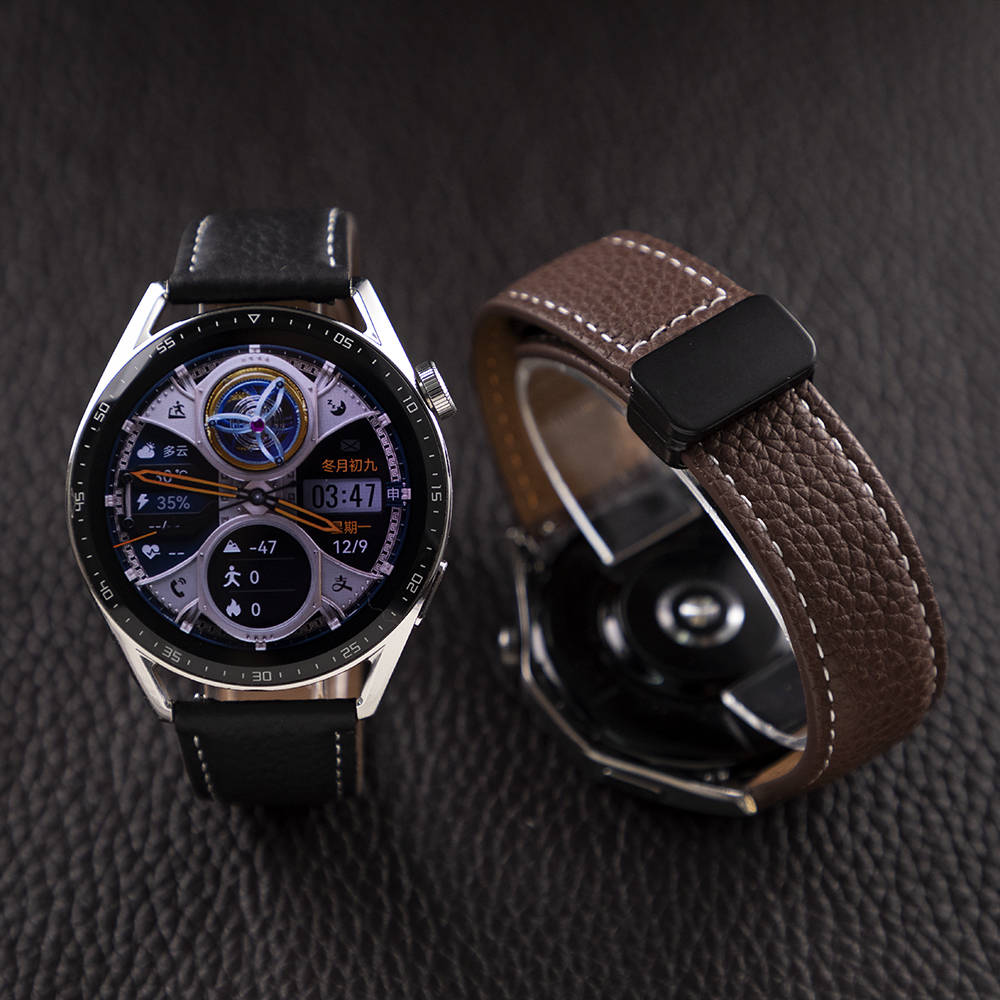 适用华为手表GT6新款磁吸扣watch4pro头层牛皮GT32荔枝纹BUDS表带