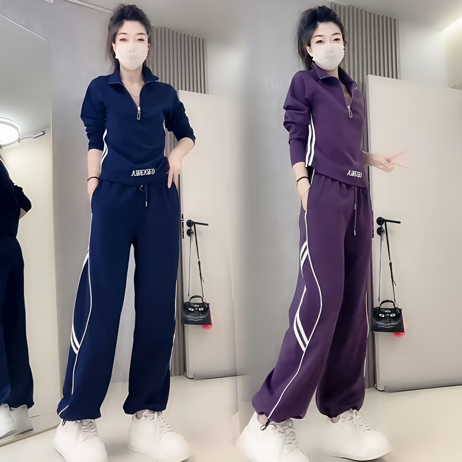 欧货刺绣休闲套装女2025秋新洋气减龄显瘦半拉链卫衣阔腿裤两件套