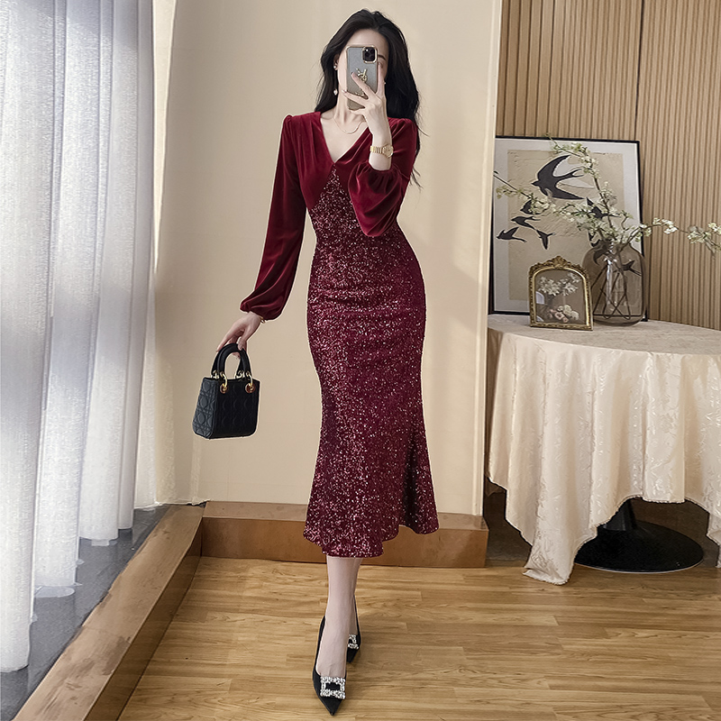 法式红色宴会晚礼服修身高级感轻奢女人味鱼尾连衣裙气质收腰长裙