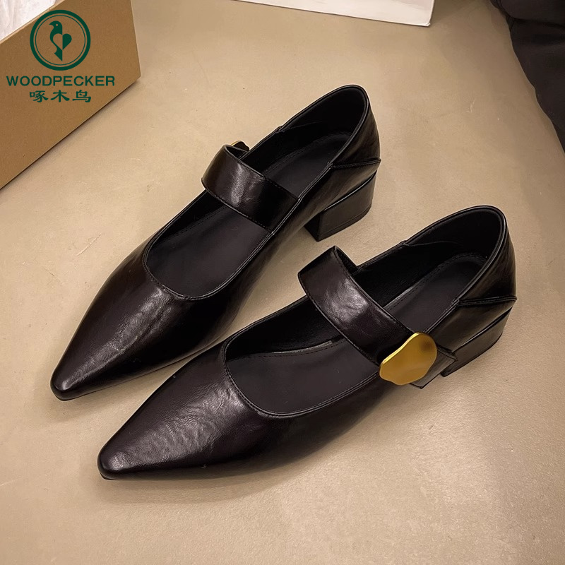 啄木鸟复古法式尖头棕色小皮鞋女2024新款秋季单鞋玛丽珍乐福鞋