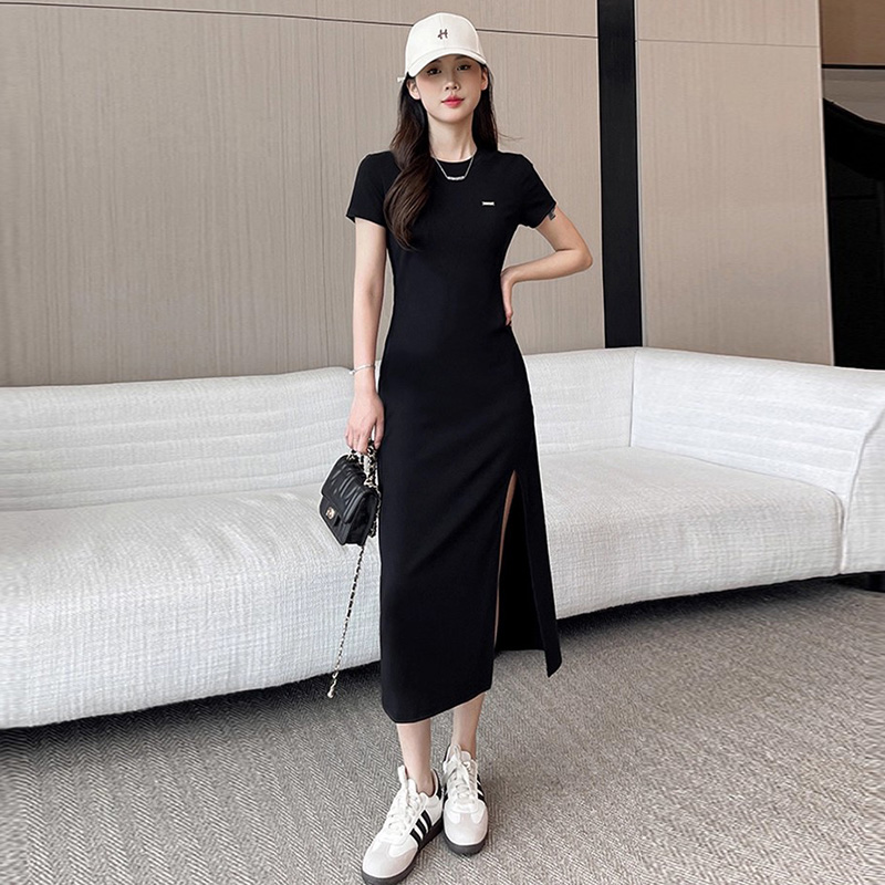 裙子女款爆款2025新款高级感气质修身显瘦开叉长裙短袖夏天连衣裙