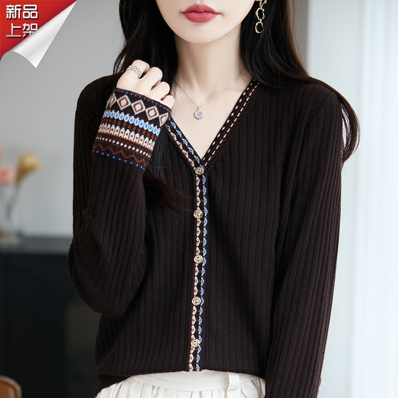 品牌官方秋冬季新款V领长袖羊毛针织衫法式提花洋气百搭上保暖衣