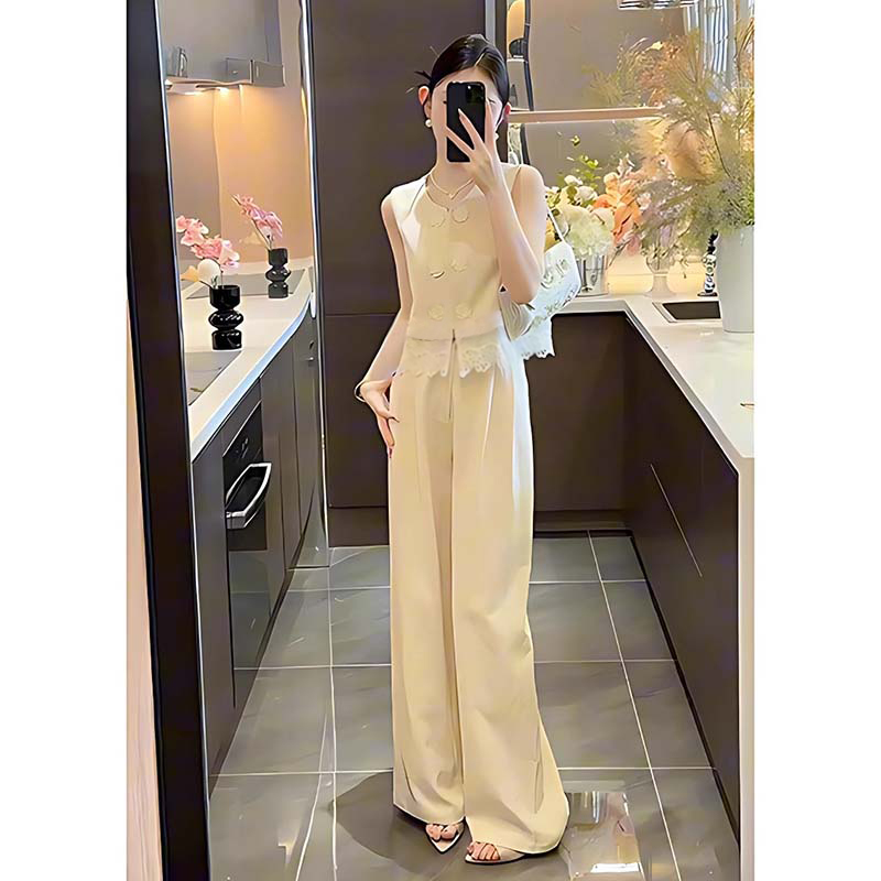 【两件套】新中式国风无袖马甲蕾丝拼接上衣高腰直筒长裤套装D2414