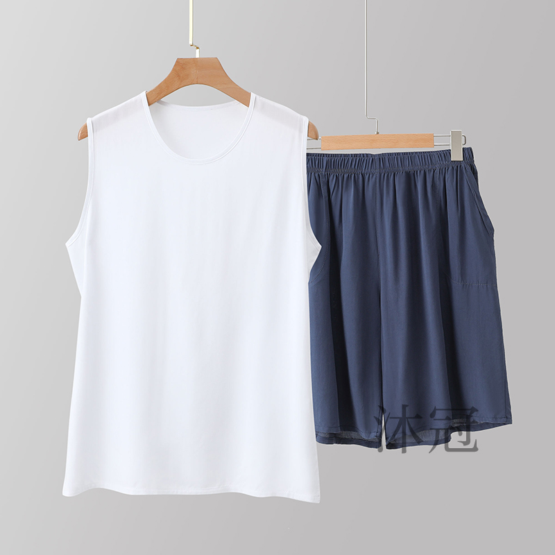 棉绸背心短裤套装男家居服凉快中老年爷爷汗衫外穿人造棉上衣睡衣