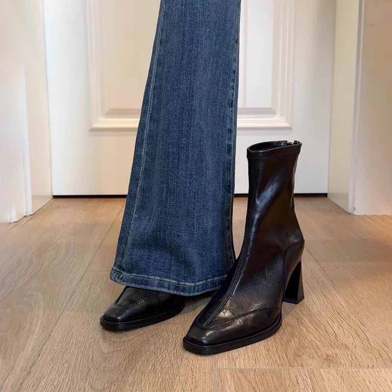 法式复古拼接棕色弹力瘦瘦靴女方头后拉链高跟短靴小个子马丁靴