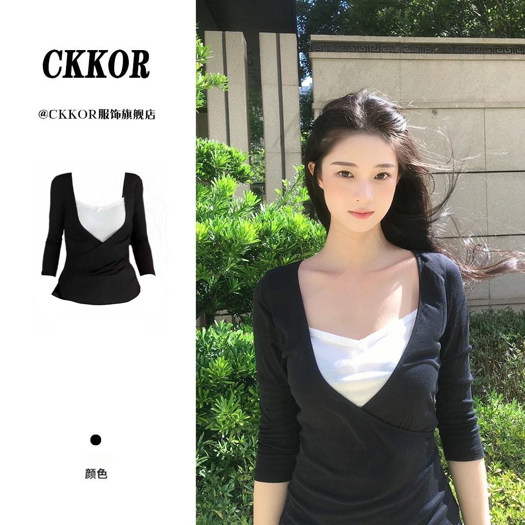 CKKOR韩版高级感气质长袖t恤女早秋新款v领拼接假两件上衣可外穿