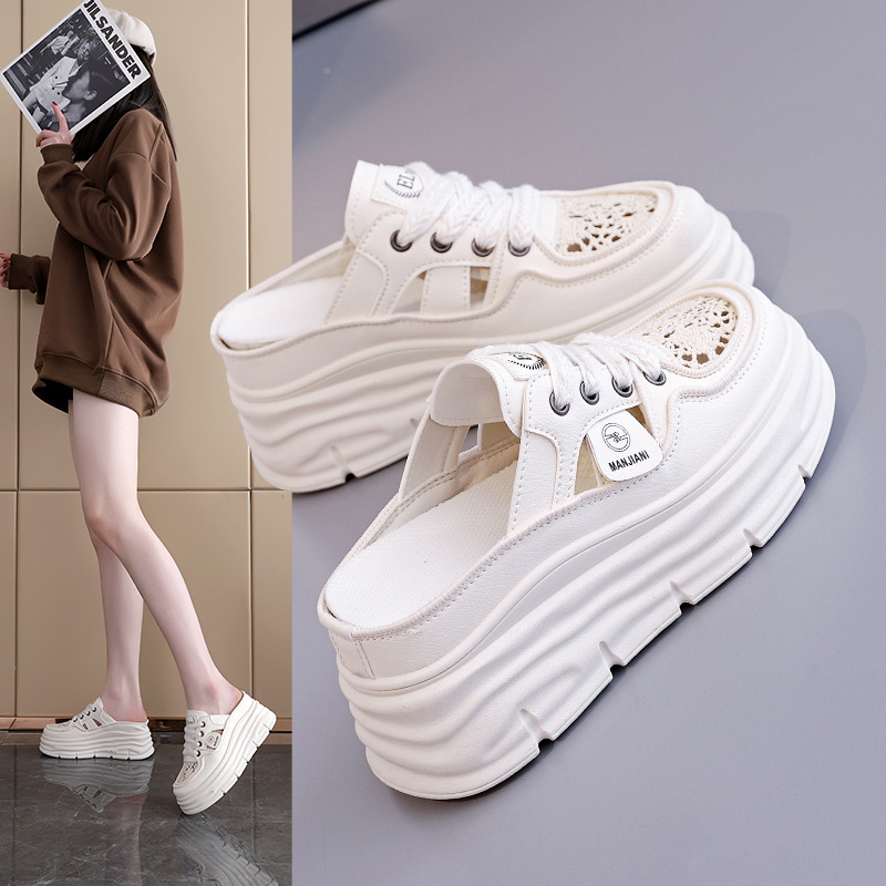 2025夏季镂空厚底松糕半拖鞋女大码内增高坡跟休闲包头罗马鞋W231