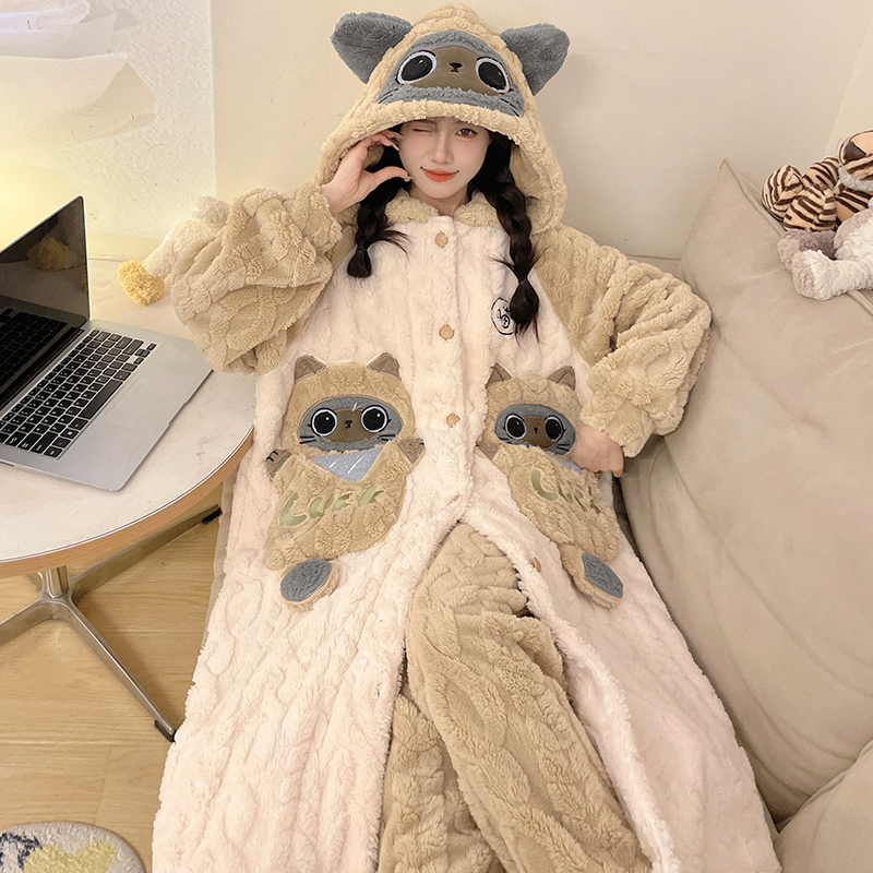 暹罗猫睡袍冬季女家居服套装秋冬女学生睡衣浴袍冬天连帽睡衣