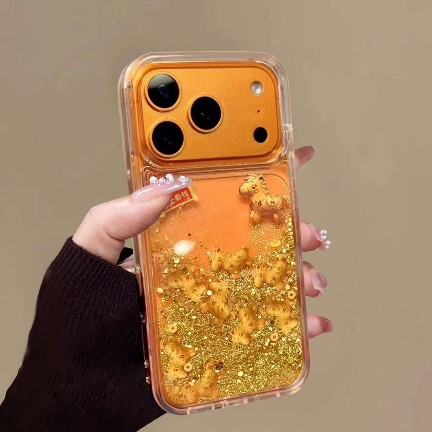 新年款适用苹果17promax手机壳金色流沙16/15全包防摔壳马上有钱