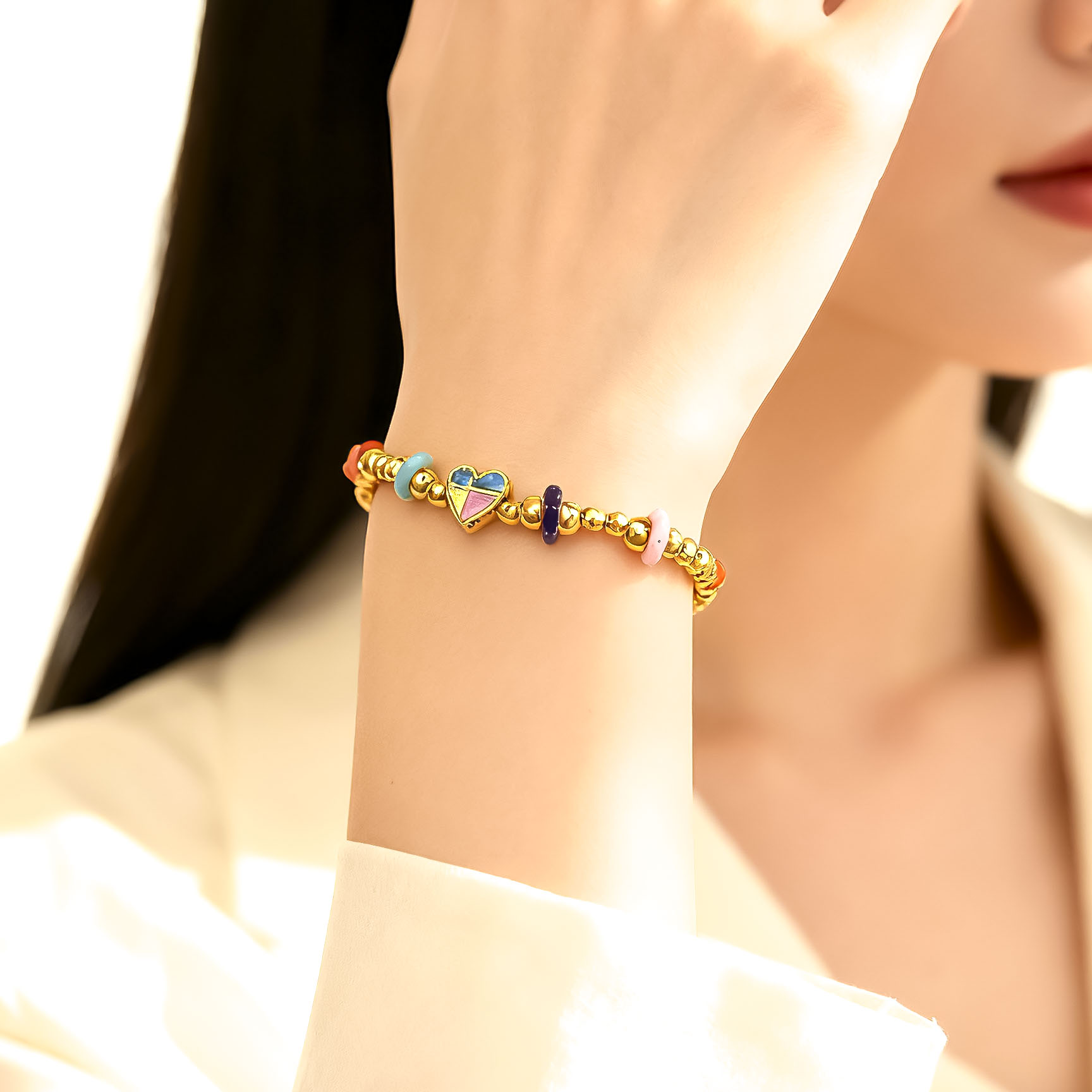 足银手链 足银999电镀金色diy配饰爱心彩圈手链