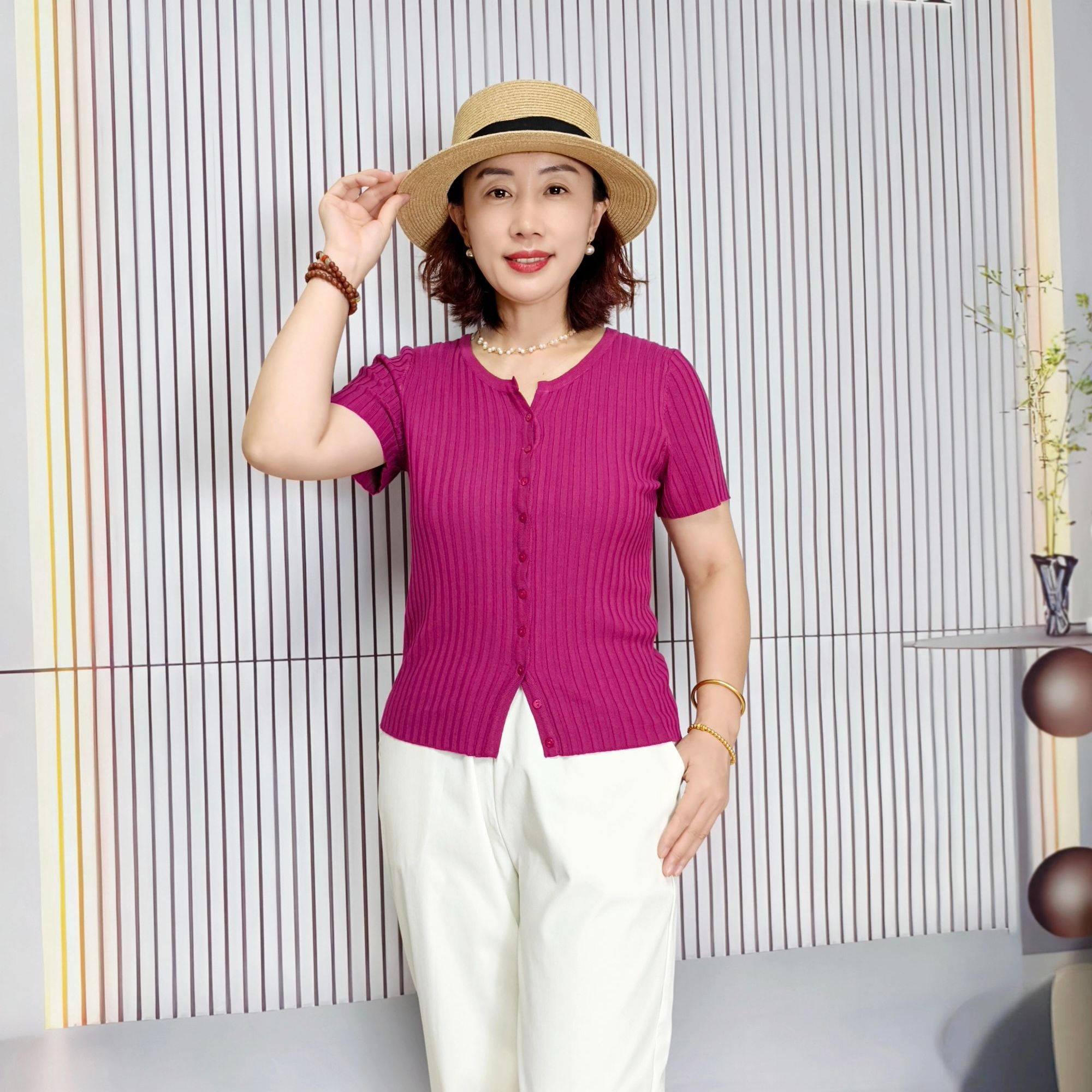 [清仓福利]夏季天丝亚麻针织短袖开衫女短款剪刀v领针织小衫短款