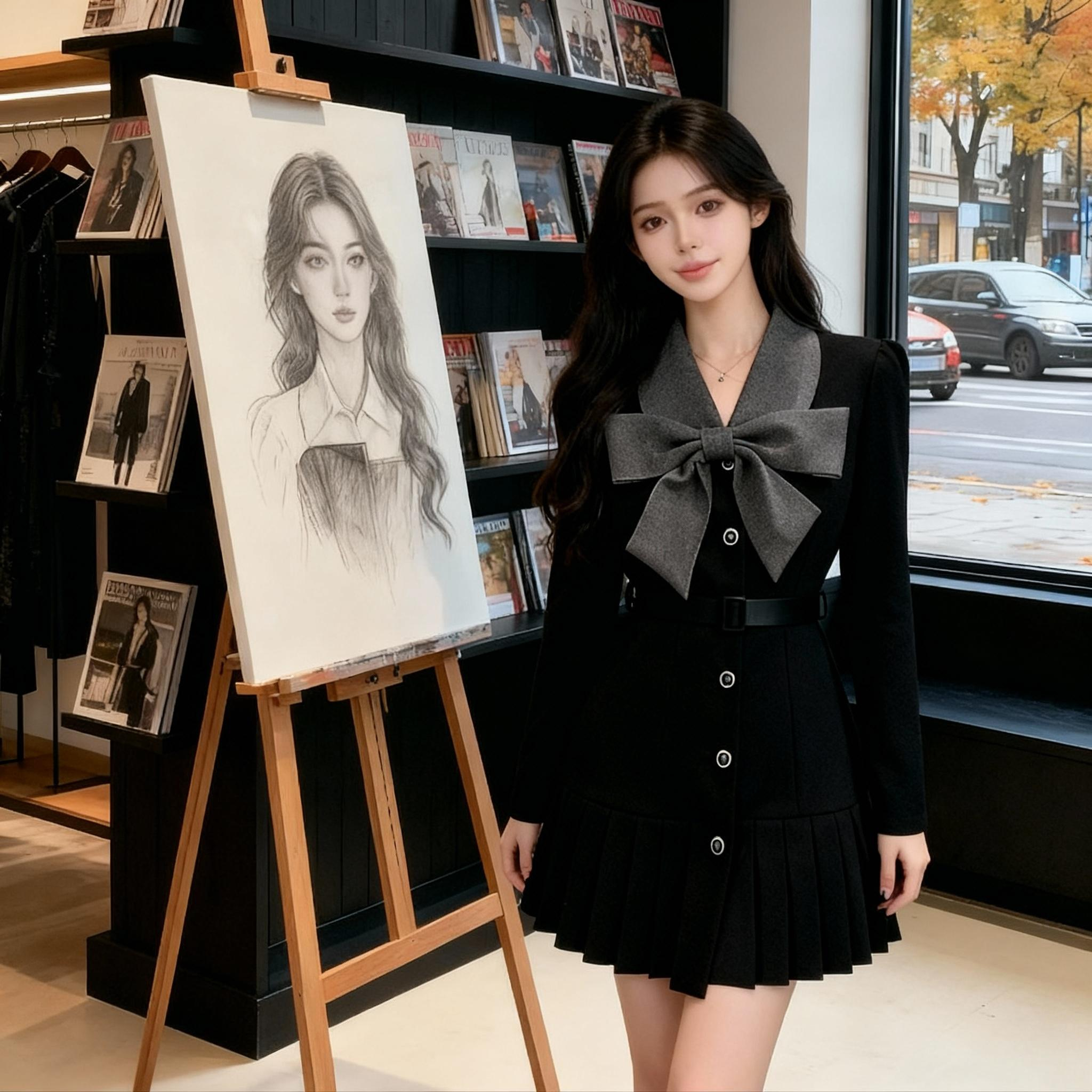 Z【有里布】【送腰带】黑色连衣裙女独特蝴蝶结收腰裙子短裙女LJ0104