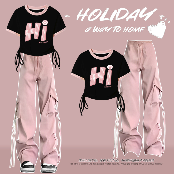 夏装中大童少女套装小学初高中学生洋气上衣高腰工装阔腿裤两件套