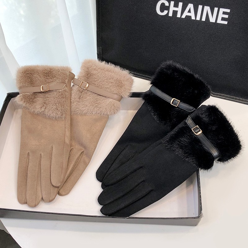 毛绒手套女冬季防寒保暖骑行电动车防冻麂皮绒手套百搭分指可触屏