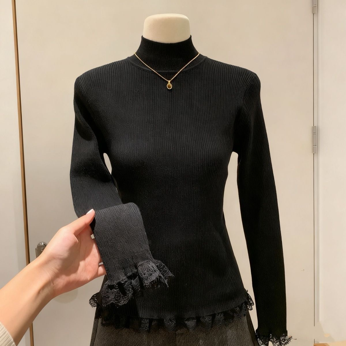 【80-200斤】蕾丝拼接半高领针织打底衫女秋冬洋气叠穿软糯保暖毛衣