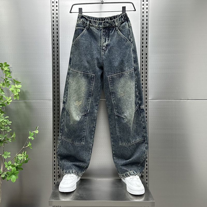 2025秋季潮牌美式拼接工装水洗牛仔裤新款宽松高街痞帅直筒阔腿裤