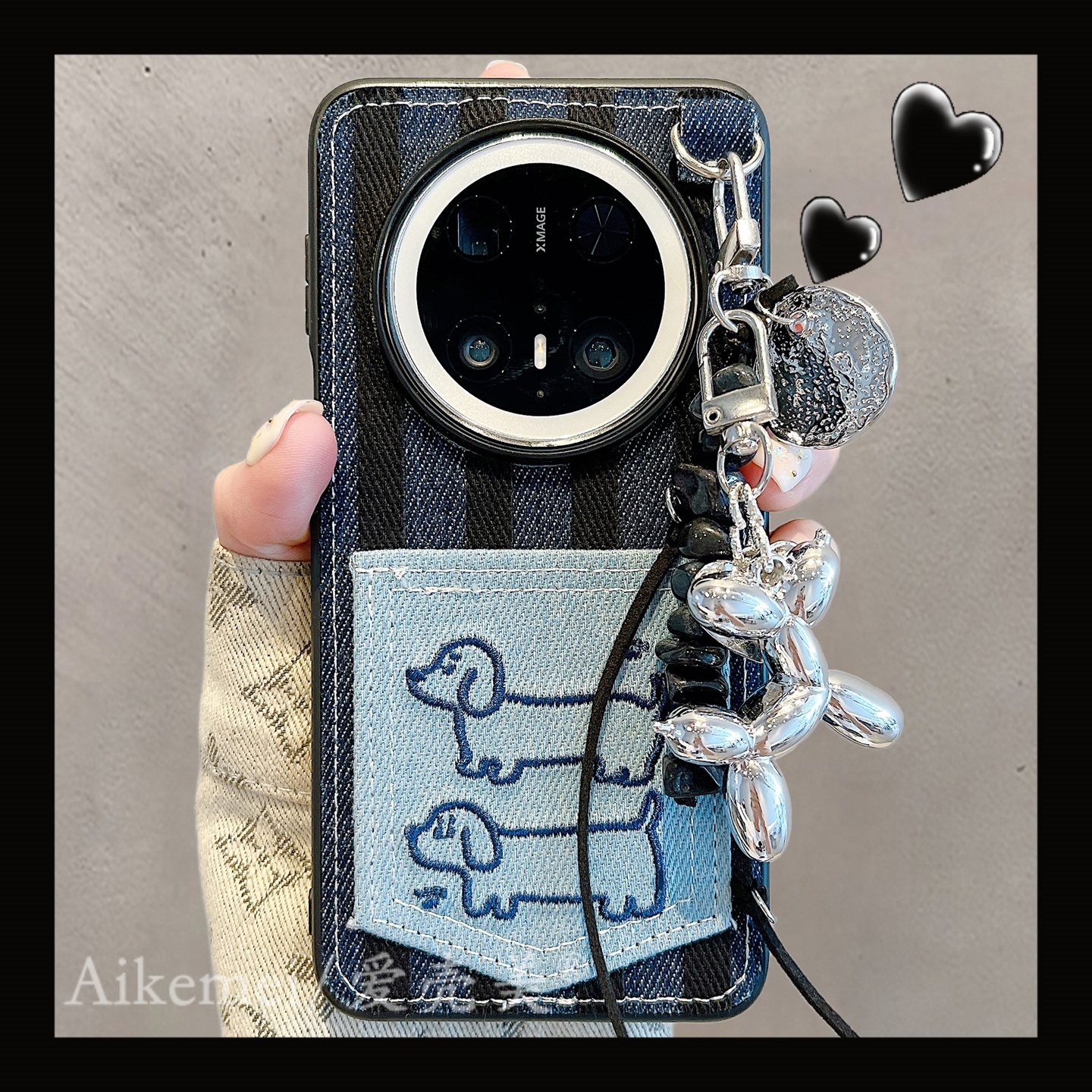 适用华为mate70pro+手机壳牛仔口袋Mate60pro+刺绣腊肠狗卡包吊坠