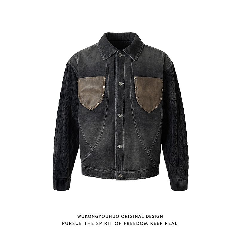 悟空有货美式复古针织拼接牛仔棉衣男女冬季高街保暖休闲棉服外套