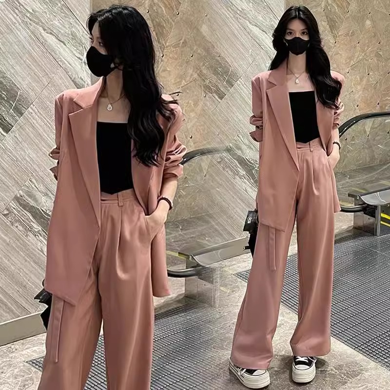 拉夏贝尔 时尚休闲西装套装女春秋新款洋气宽松显瘦阔腿裤三件套