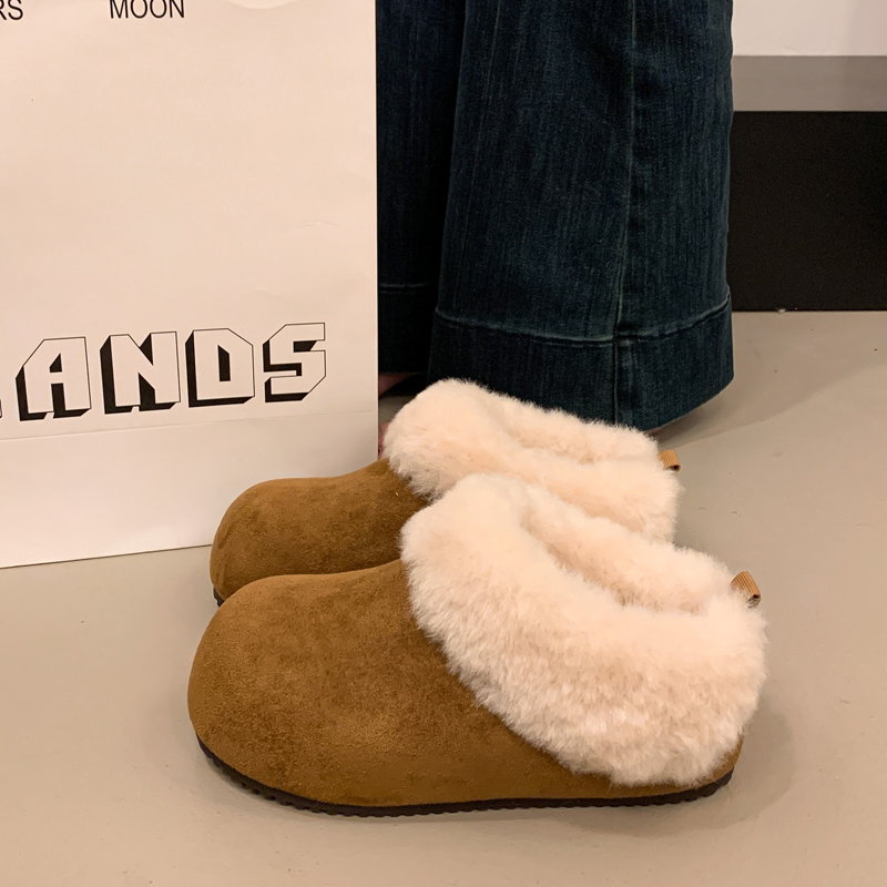 毛毛绒绒勃肯鞋厚底加绒保暖拖鞋女外穿2025冬季新款半拖雪地棉拖
