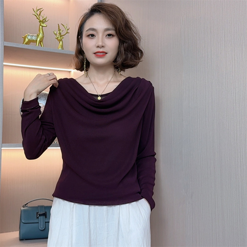 春秋季新款时尚休闲洋气百搭长袖堆堆领修身显瘦气质T恤打底小衫