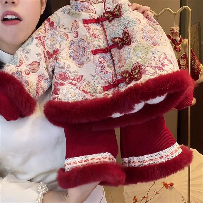 女宝冬季中式加绒加厚婴儿童棉衣套装拜年国风小孩秋冬款周岁礼服