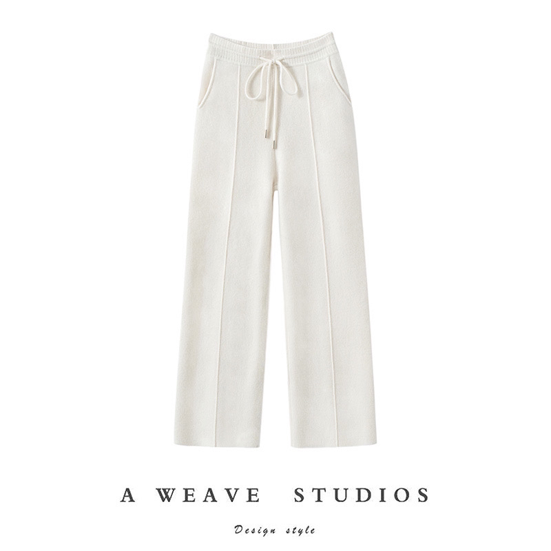 康家线100％纯山羊绒女阔腿裤竖条款四平加密直筒裤baby高端山羊绒