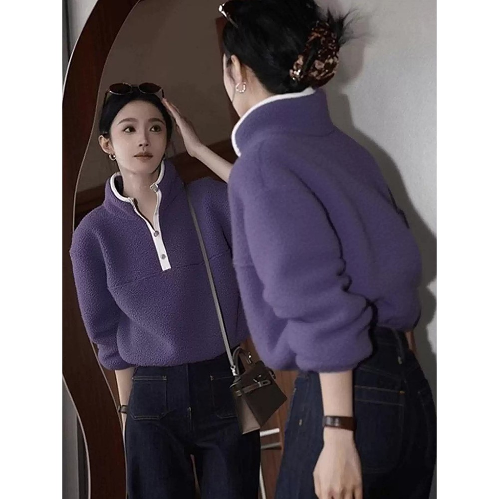 多巴胺紫色摇粒绒套头卫衣女2025秋冬新款独特别致小众不撞款上衣