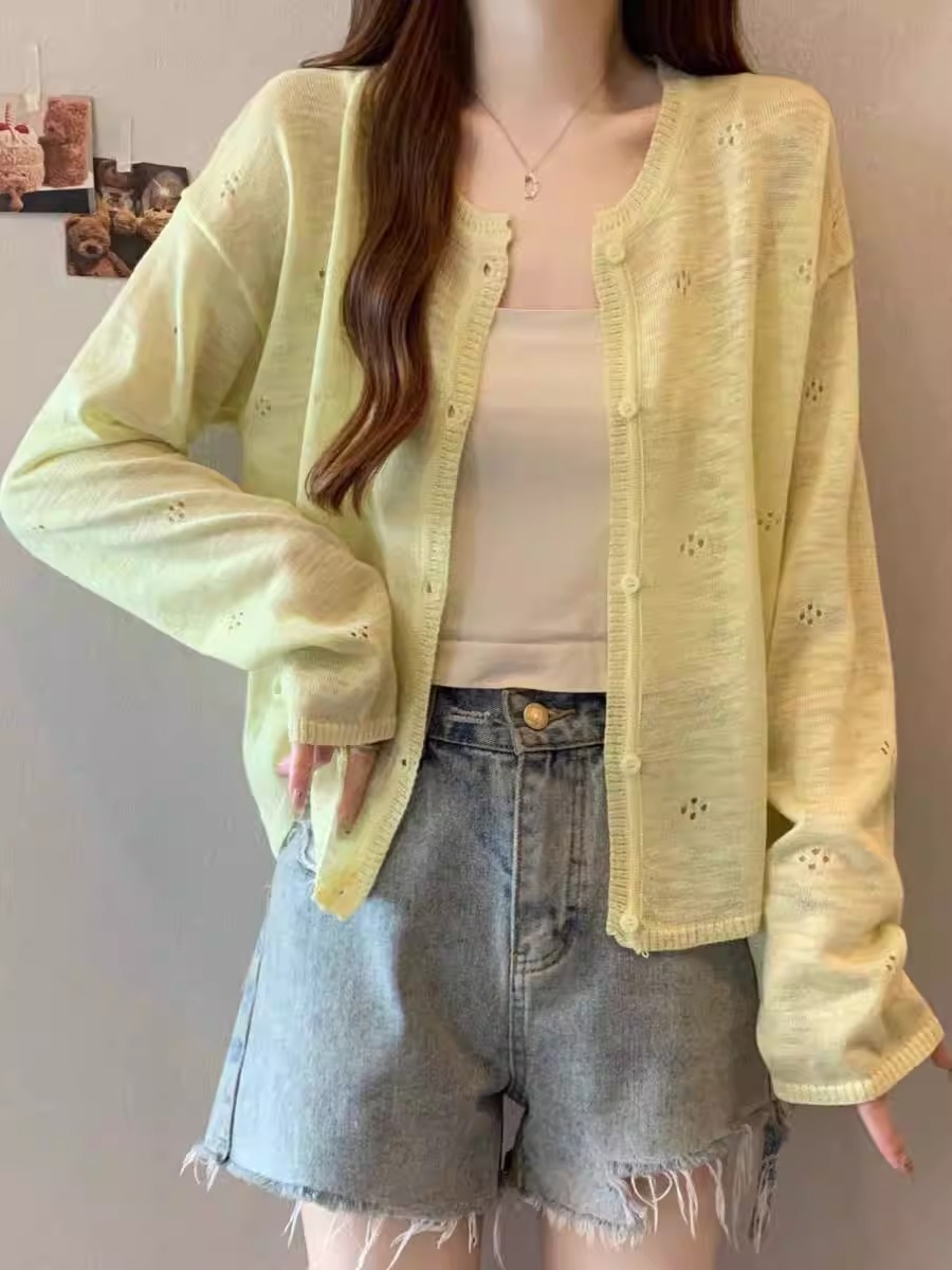 黄色冰丝防晒开衫女夏季薄款外套慵懒风吊带外搭镂空针织上衣大码