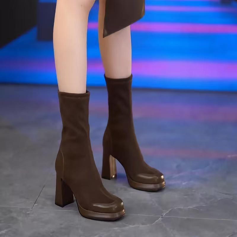 法式百搭高跟弹力袜靴女2025秋冬新款气质瘦瘦靴方头粗跟厚底短靴