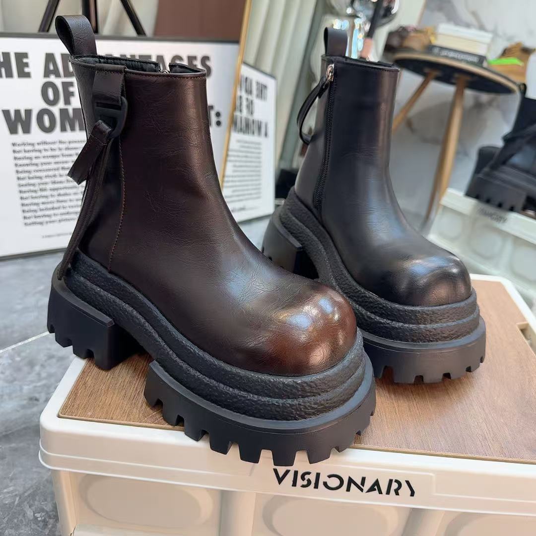 欧货新款磨砂真皮厚底马丁靴女英伦风复古大头机车短靴子909-8