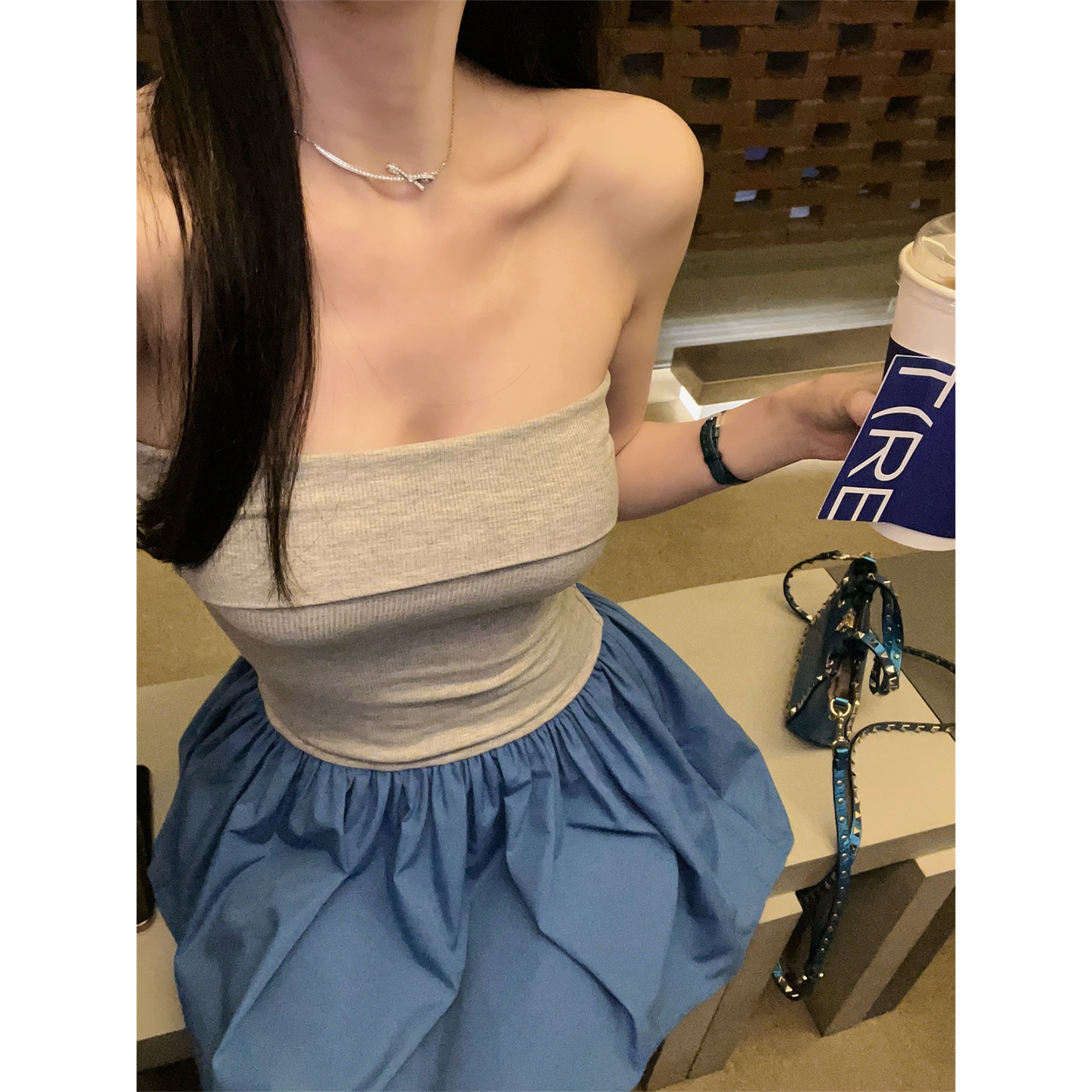 熊熊屋【日常美女】欣欣子同款 谬蓝宽松衬衫抹胸裙 套装