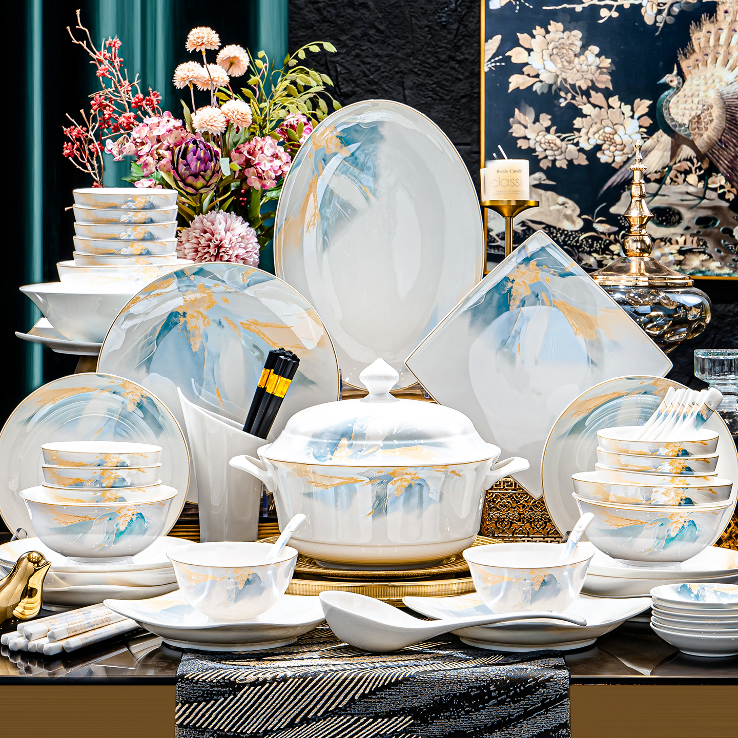 高脚款流金岁月陶瓷餐具套装家用碗盘碟高档轻奢高颜值碗碟套装