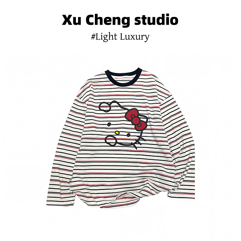 Xu Cheng印花长袖T恤韩系chic宽松慵懒风显瘦条纹kt猫上衣女秋季