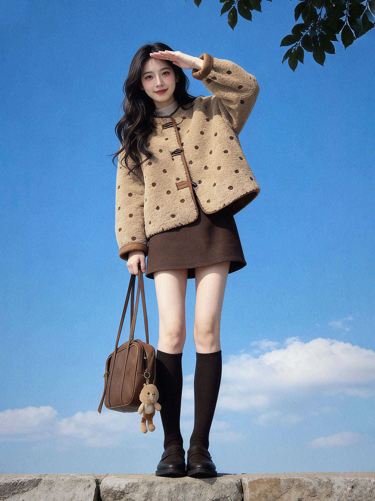 秋冬搭配一整套美拉德穿搭复古波点牛角扣短款外套女半身裙两件套