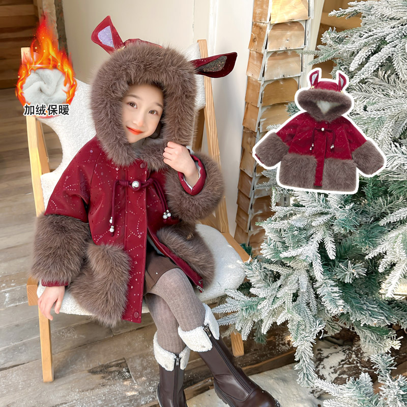 女童秋冬连帽时髦洋气仿皮草外套女宝宝加绒加厚保暖棉袄衣服